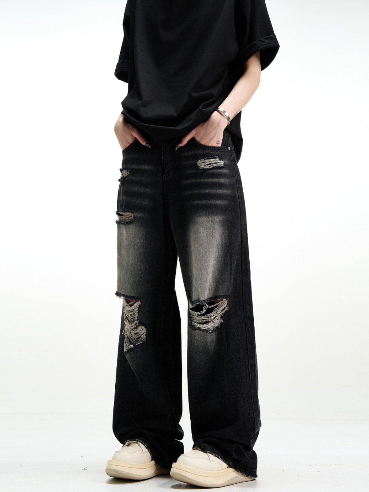 Distressed Wide-Leg Denim