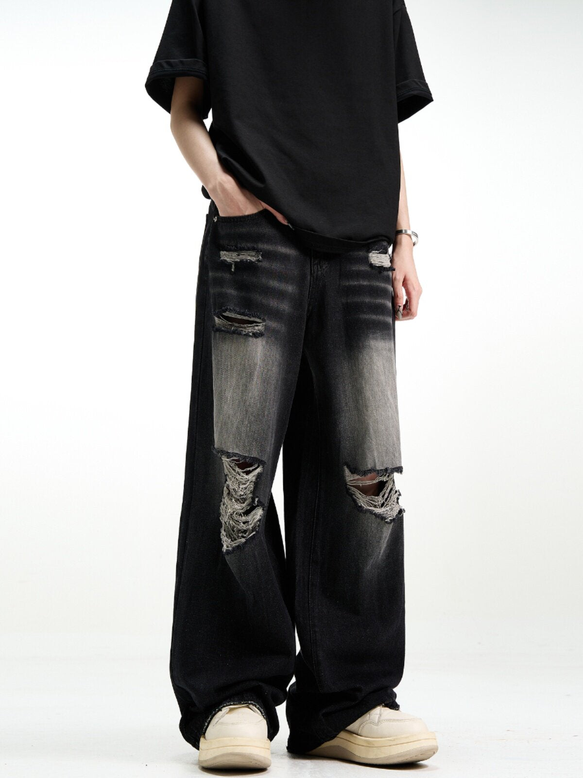 Distressed Wide-Leg Denim